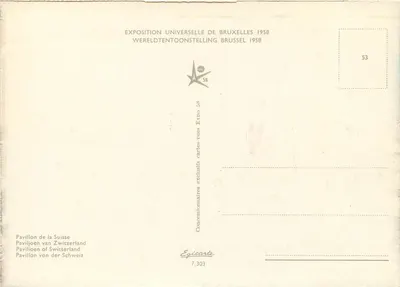 Pavilhão da Suíça — Exposição Universal de Bruxelas 1958 — Editor Epicarte, n° 7.303 — Verso