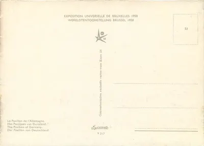 Pavilhão da Alemanha — Exposição Universal de Bruxelas 1958 — Edição Epicarte n°53 — Verso