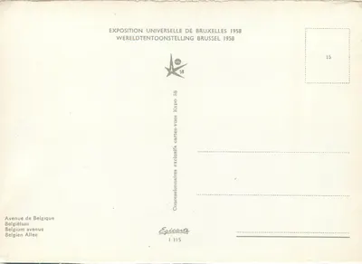 Exposición Universal de Bruselas 1958 — Vista de la avenue de Belgique — Editor Egicarte, n°15 — Reverso