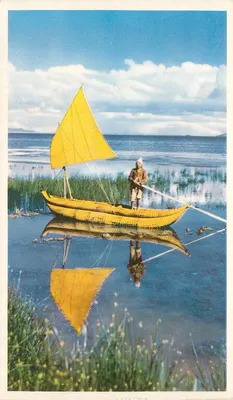 Balsa no lago Titicaca — Bolívia — Panagra Sky Card, Pan American-Grace Airways, Inc.