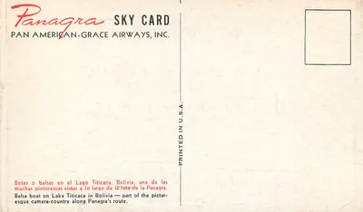 Balsa no lago Titicaca — Bolívia — Panagra Sky Card, Pan American-Grace Airways, Inc. — Verso