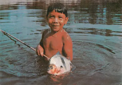 Criança pescando um Pacú — Reserva Indígena Xingú — Editor Eco's Estamparia Ltda. n°07