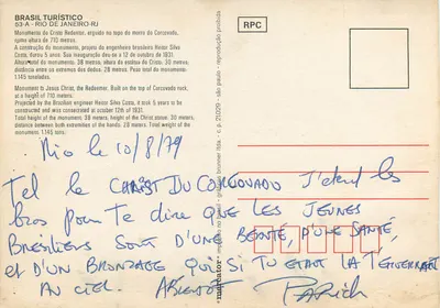 Estátua do Cristo Redentor — Rio de Janeiro — editor Brasil Turístico, n° 53-A — Verso