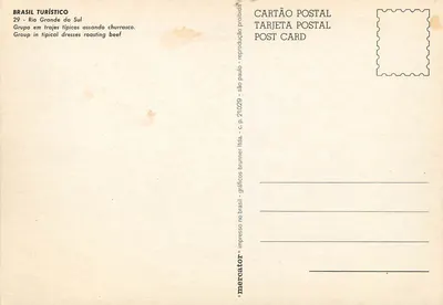 Rio Grande do Sul — grupo em trajes típicos grelhando carne — editor Brasil Turístico, n°29 — Verso