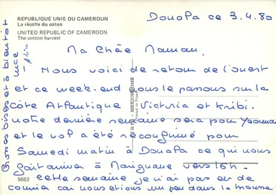 Colheita do algodão — Douala — editor MEXICHROME, n° 5682 — Verso