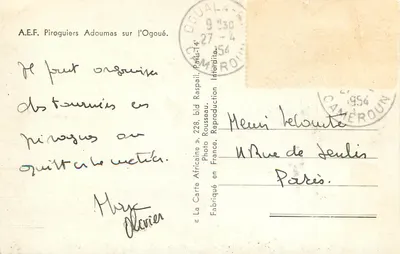 Pirogueiros Adoumas no Ogoué — A.E.F. — Photo Africaine, Paris — Verso