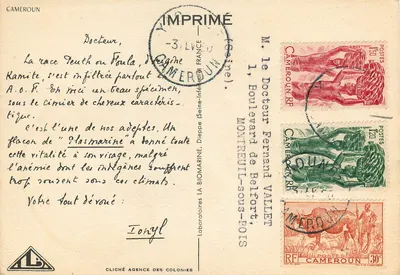Fêmea da raça Feuth ou Foulah — Camarões — Impresso pela Agência das Colônias — Verso
