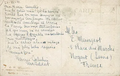 Sitio de la antigua carretera francesa, Grand Pré — editor J.M. Geldert, Halifax, N.S., Canadá, n° de serie 105043 — Reverso