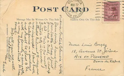 Victoria, B.C., Kanada — Czas róży w budynkach parlamentu — The Coast Publishing Co., Vancouver, B.C. — Rewers