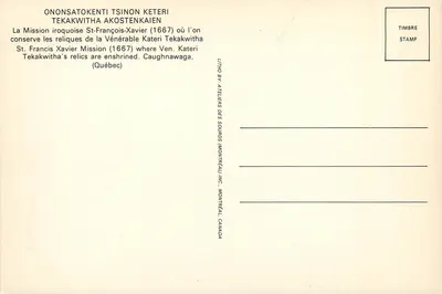 Misja irokańska St-François-Xavier — relikwie Świętej Kateri Tekakwitha (1667) — Litho przez Ateliers des Sounds (Montréal, Kanada) — Rewers