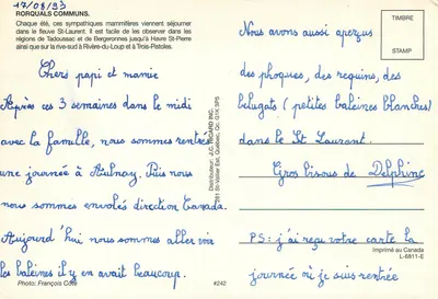 Tadoussac — baleias no Saguenay, QC — J.C. RICARD INC. #242 — Verso
