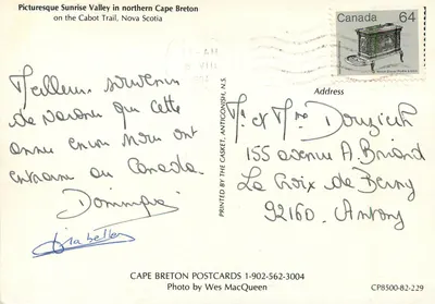 Valle del Sunrise — Cabot Trail, Cabo Bretón, Nueva Escocia — Tarjetas postales de Cabo Bretón — Reverso