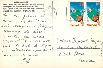 Grand Canyon des Chutes Ste-Anne — Widok z wybudowanego promontorium — Drukarnia Paul Veilleux — Rewers