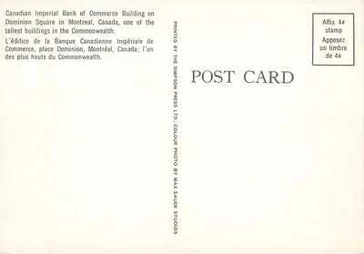 Budynek Canadian Imperial Bank of Commerce — Dominium Square, Montreal — wydane przez The Simpson Press Ltd. — Rewers