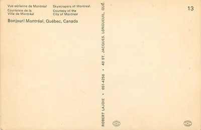 Skyscrapers of Montreal — Vista aérea de Montreal — editor Robert Lajoie, n°13 — Verso