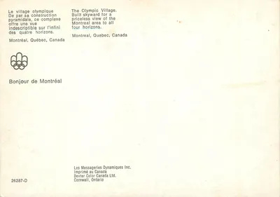 Vila Olímpica de Montreal — 1976 — Les Messageries Dynamiques Inc. — Verso