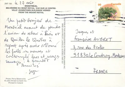 Montreal — widok centrum miasta z Mount Royal — wydawca Messageries de Presse Benjmain Inc. — Rewers