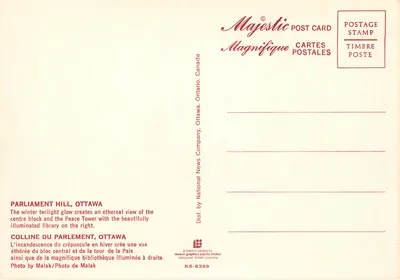 Wzgórze Parlamentu, Ottawa — zimowa wersja zachodzącego słońca — Majestic Post Card, seria KS-6389 — Rewers