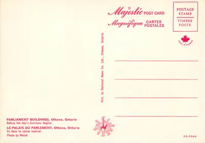 Kanadyjski Parlament — widok zimowy — Majestic Post Card, seria KS-5544 — Rewers