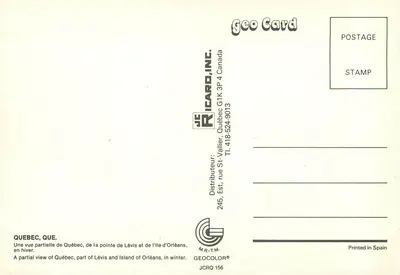 Québec — widok zimowy punktu Lévis i wyspy Orléans — Geo Card — Rewers