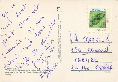 Widok lotniczy z Québecka — Hotel Hilton i Parlament — Messageries de Presse Benjamin Enr — Rewers