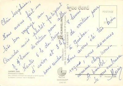Wyprawa w karetce do Québecu — Québec, QUE. — Geo Card, seria JCRO 120 — Rewers