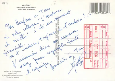 Pejzaż jesienny — Quebec — Wydawca: Messageries de Presse Benjammininc — Rewers