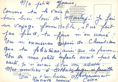 Typowy Marok - krajobraz z wieżą, mężczyzną z sokołem i kamelami - wydawca FISA - I.G. Paudarias, 26, Barcelona — Rewers