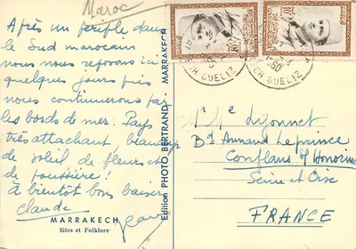 Wieża Hassan w Maroku — widok panoramiczny z zasnieżonymi górami — Wydawnictwo Marrakech Sites et Folklore — Rewers