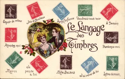 O Idioma dos Selos — Carta postal ilustrada com selos franceses e frases carinhosas