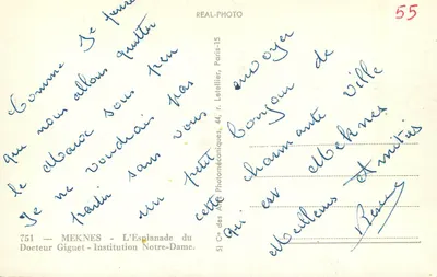 Meknès — L'Esplanade del Dottore Giguët — Istituzione Notre-Dame — editore Cie des Arts Photomécaniques, Parigi — Verso