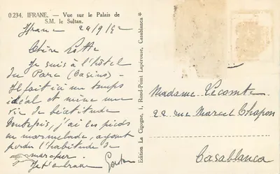 Ifrane — Vista sobre o Palácio de S.M. o Sultan — Edição La Cigogne, Casablanca — Verso