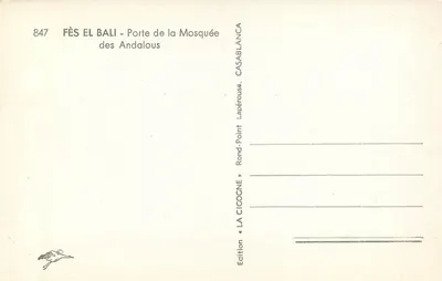 Fès El Bali — Porta da Mesquita dos Andaluzes — Edição La Cigogne, Casablanca — Verso