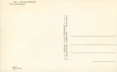 Marrakech — Widok artystyczny — Wydawnictwo « LA CIGOGNE » - Casablanca — Rewers