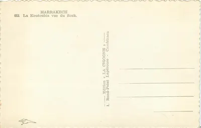 Marrakech — Koutoubia widziana z Souku — Wydawnictwo La Cigogne, Casablanca — Rewers