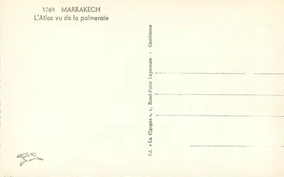 Marrakech — Atlas widziany z palmiery — Wyd. «La Cigogne», Rond-Point, Casablanca — Rewers