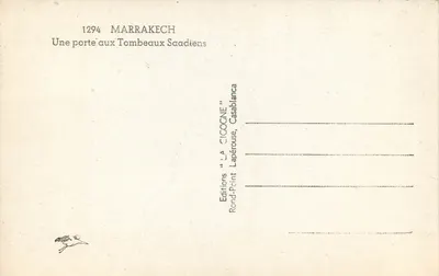 Marrakech — Drzwi do Tombeaux Saadiens — Wydawnictwo 'LA CICOGNE', Rond-Point Lapérouse, Casablanca — Rewers