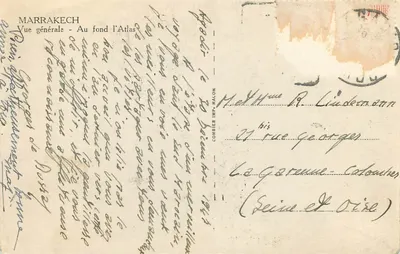 Marrakech — Vista geral — No fundo o Atlas — Editor Combier Imp. Macon — Verso