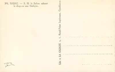 Rabat — S.M. Szultana salutujące flagi w Oudayas — Wydawca «La Cigogne» — Rewers