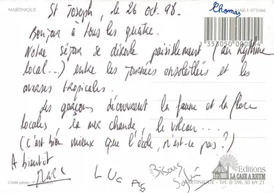 Martinika — plaża piaskowa, palmiery i tropikalne kwiaty — Editions La Case à Rhum, nr MAR-1-971066 — Rewers