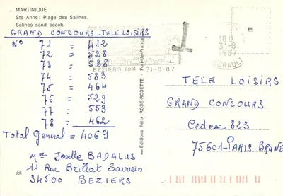 Martinique — Ste Anne : Praia das Salinas — Éditions Télé Loisirs, n° 71 — Verso