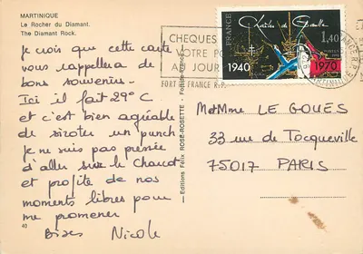 Bilhete postal moderno Martinique Le Rocher du Diamant — Verso