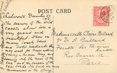 Lulworth Cove — vista da baía e das falésias — carta postal datada de dezembro de 1913 — Verso