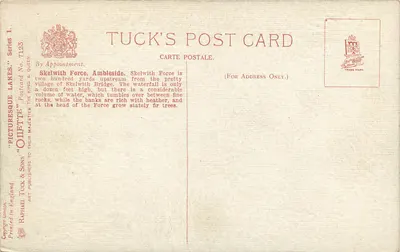 Skelwith Force, Ambleside — paisagem de cachoeira — Tuck's Post Card, série 7123 — Verso