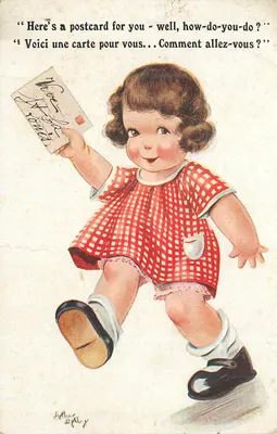 Menina pequena com vestido listrado vermelho — ilustração humorística — Inter-Art Co., série 'COMIQUE' n° 6865