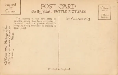 Brytyjska piechota ćwiczy atak — Daily Mail War Pictures, seria 5, nr 39 — Rewers