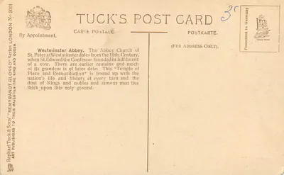 Londres. Widok na Abbatię Westminsterską — Tuck's Post Card N° 3001 — Rewers