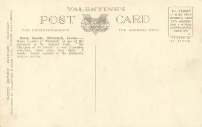 Guardas a Cavalo, Whitehall, Londres — Carta Postal Valentine's, n° 64228 — Verso