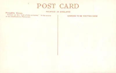 Piccadilly Circus, Londyn — widok z pomnikiem Shaftesbury — wydawca nieznany, n° 122 — Rewers