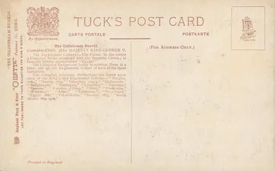 Sentinela dos Coldstream Guards — Fora do Palácio de Buckingham — Tuck & Co. No. 9993 — Verso